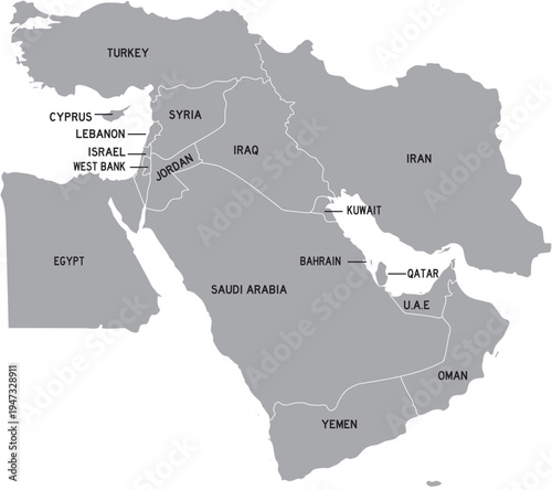 Labelled Map of Middle East Countries Including Turkey, Cyprus and Egypt, Editable Vector