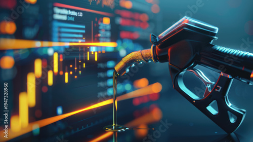 gasoline petroleum fuel nozzle with blurred background of oil price graph of the energy market business on a global industrial. The effect from U.S.-Israel war on Iran.