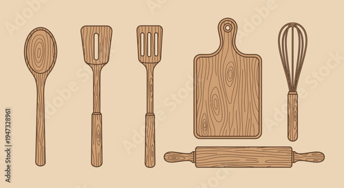 Set of vintage kitchen utensils including wooden spoon spatula whisk rolling pin and cutting board.