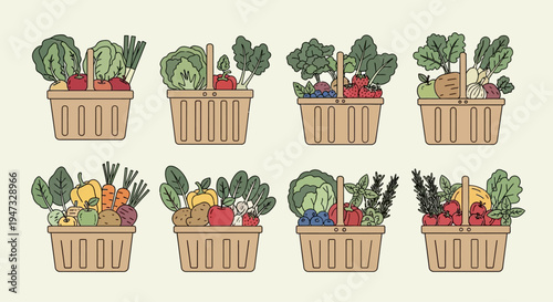 Collection of various fresh vegetables in baskets with different greens and roots.