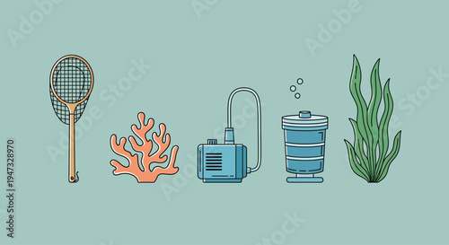 Collection of underwater and aquatic themed icons including fishing net, coral, underwater camera, barrel, and seaweed.