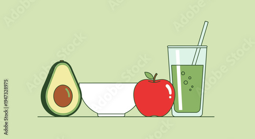 Healthy breakfast ingredients with avocado, apple, bowl, and green smoothie on a light background.