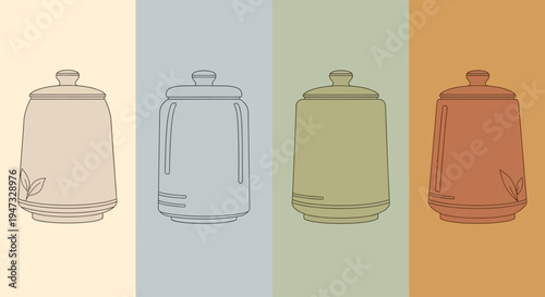 Set of four stylized vintage thermos flasks in different muted colors with leaf decoration.