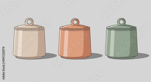 Set of three vintage metal weights in beige, copper, and green colors casting shadows.