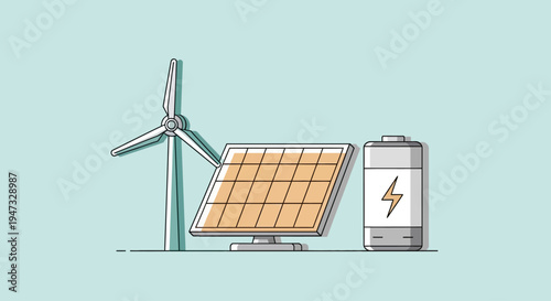 Illustration of renewable energy sources with wind turbine solar panel and battery storage.