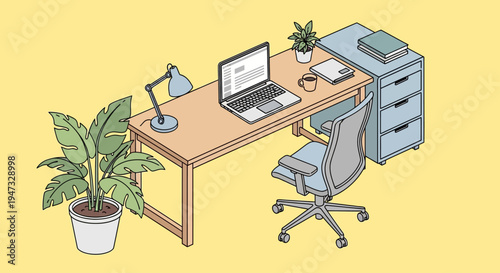 Modern office workspace with ergonomic chair, laptop, and indoor plant on yellow background.