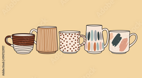 Set of four hand-drawn artistic coffee mugs with unique patterns and colors.