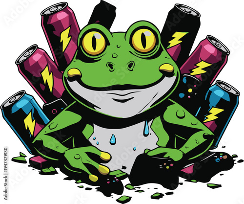  Frog gamer surrounded by energy drink cans during long gaming session, dark humor mascot, bold thick outline, sticker design, white background 1