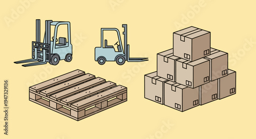 Illustration of forklift trucks, wooden pallet, and stacked cardboard boxes for warehouse and logistics concept.