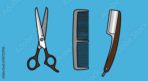 Illustration of hairdressing tools including scissors, comb, and straight razor.