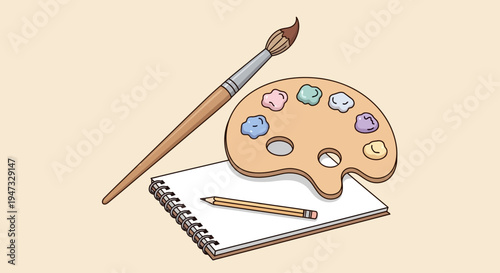 Artistic tools including paintbrush, color palette, pencil, and sketchbook for creative drawing and painting.