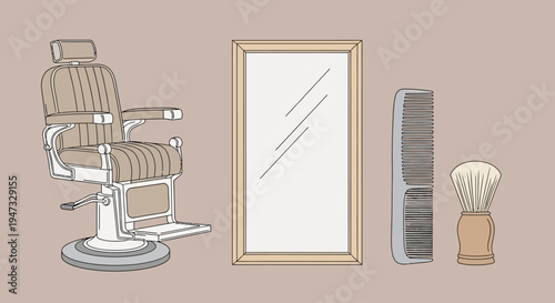 Vintage barber chair with grooming tools and a large mirror in a classic barbershop setting.