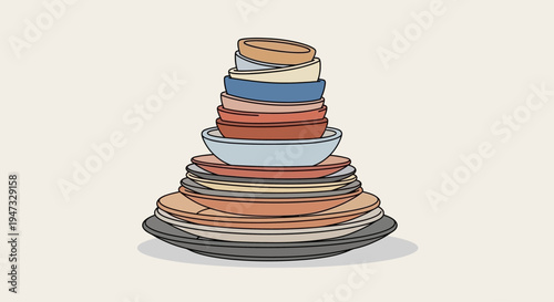 Stack of assorted colorful ceramic plates and bowls on a neutral background.