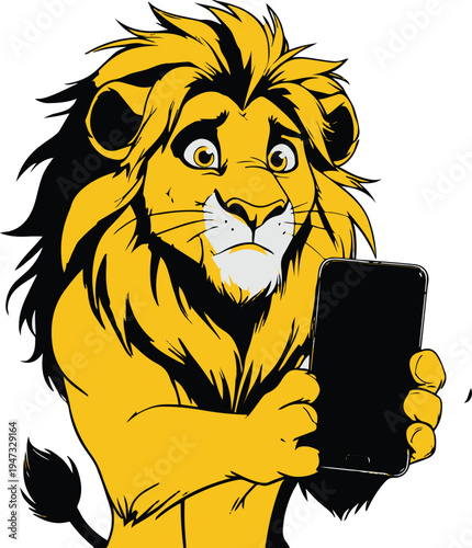  Lion king confused by modern technology while holding smartphone upside down, cartoon mascot, bold black outline, minimal vector sticker, white background 2