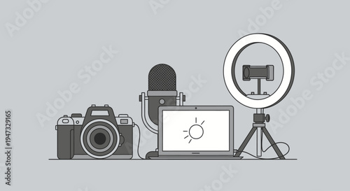 Set of photography and video equipment including camera, light meter, tablet, and ring light on tripod.