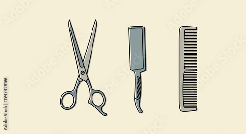Set of vintage barber tools including scissors, straight razor, and comb on beige background.