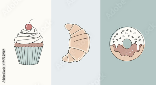 Set of simple pastel illustrations featuring cupcake, croissant, and donut desserts.