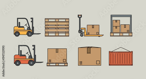 Set of vector illustrations showing forklifts and various cargo boxes and pallets for warehouse and logistics operations.