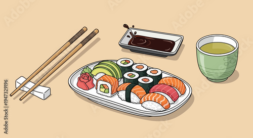 Assorted sushi platter with chopsticks soy sauce and green tea on beige background.