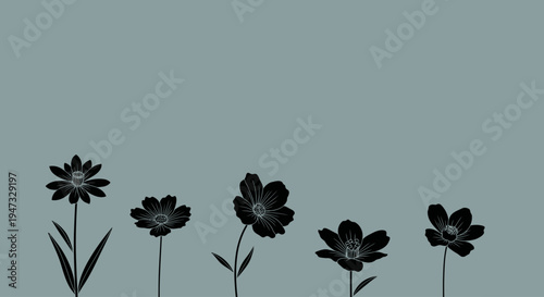 Silhouettes of blooming flowers on a muted teal background.