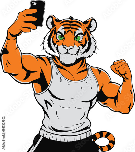 Tiger gym member taking selfie instead of exercising, ironic cartoon mascot, bold black outline, minimal vector sticker, white background