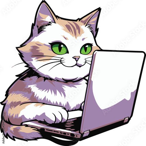 Cat pretending to work on laptop while secretly watching videos, sarcastic cartoon mascot, bold black outline, clean minimal vector sticker, white background 1
