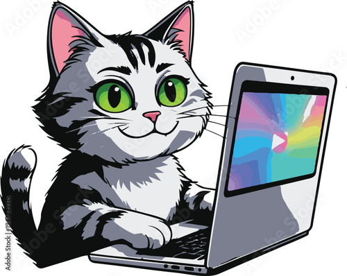 Cat pretending to work on laptop while secretly watching videos, sarcastic cartoon mascot, bold black outline, clean minimal vector sticker, white background