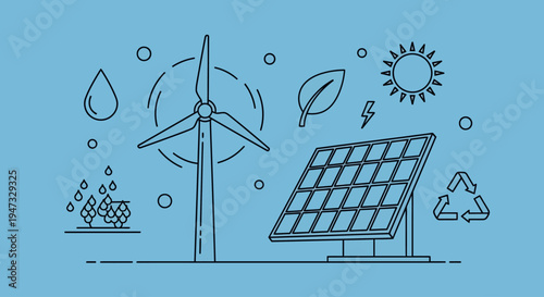 Illustration of renewable energy sources including wind turbine and solar panel with environmental icons.