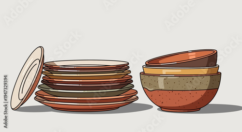 Stack of ceramic plates and bowls with earthy tones and simple design.