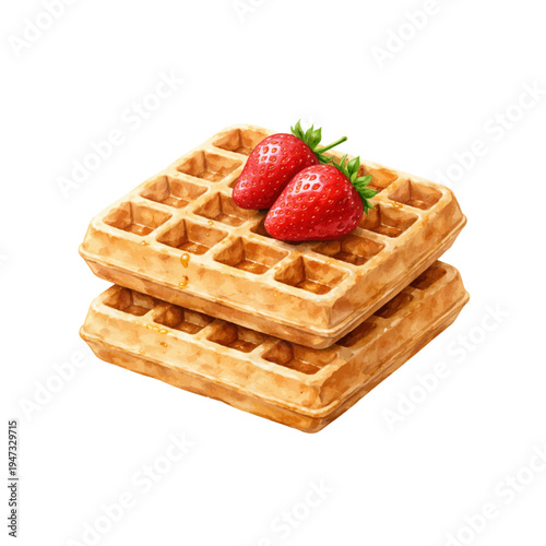 A watercolor illustration of waffles with strawberries for breakfast menu designs, brunch illustrations, café decor, and food themed artwork.
