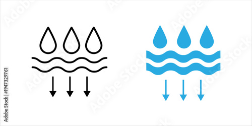 Minimal outline icon set.  representing water infiltration into the ground. Suitable for concepts related to hydrology, environmental science, natural water cycles, and ecological sustainability.