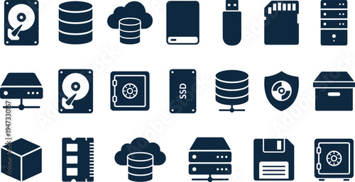 Collection of dark blue icons representing various digital storage devices and data security concepts.
