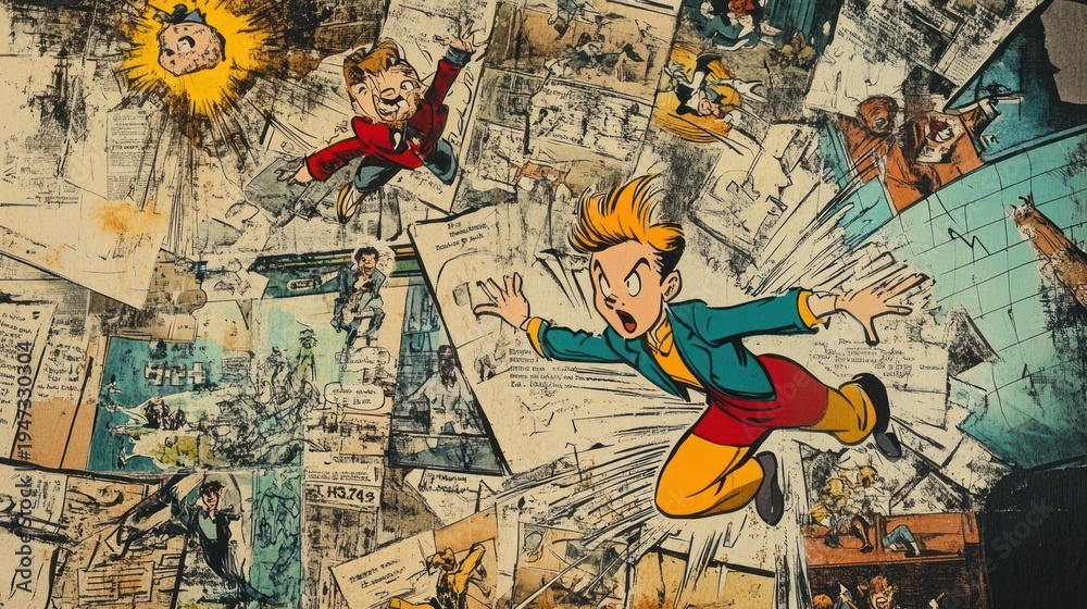 Fototapeta premium Vintage comic book pages, a collection of characters in motion