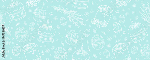 Seamless background for Easter. Contour drawings of Easter cake, painted eggs in a basket, a single egg with a rooster, willow branches. White contour images on a blue background. Vector illustration