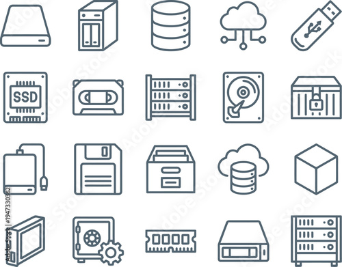 A comprehensive collection of data storage, server, and networking technology outline icons.