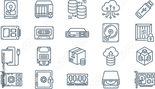 Collection of outlined technology icons representing various data storage devices and digital hardware components.