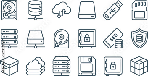 Modern line icons illustrating diverse digital data storage solutions, server infrastructure, and robust cybersecurity elements.