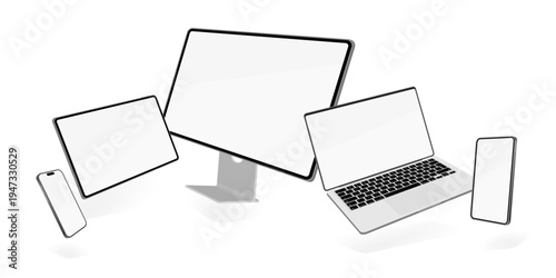Floating Digital Devices Collection with Desktop Computer Laptop Tablet and Smartphone Blank Screen Responsive Technology Mockup Vector