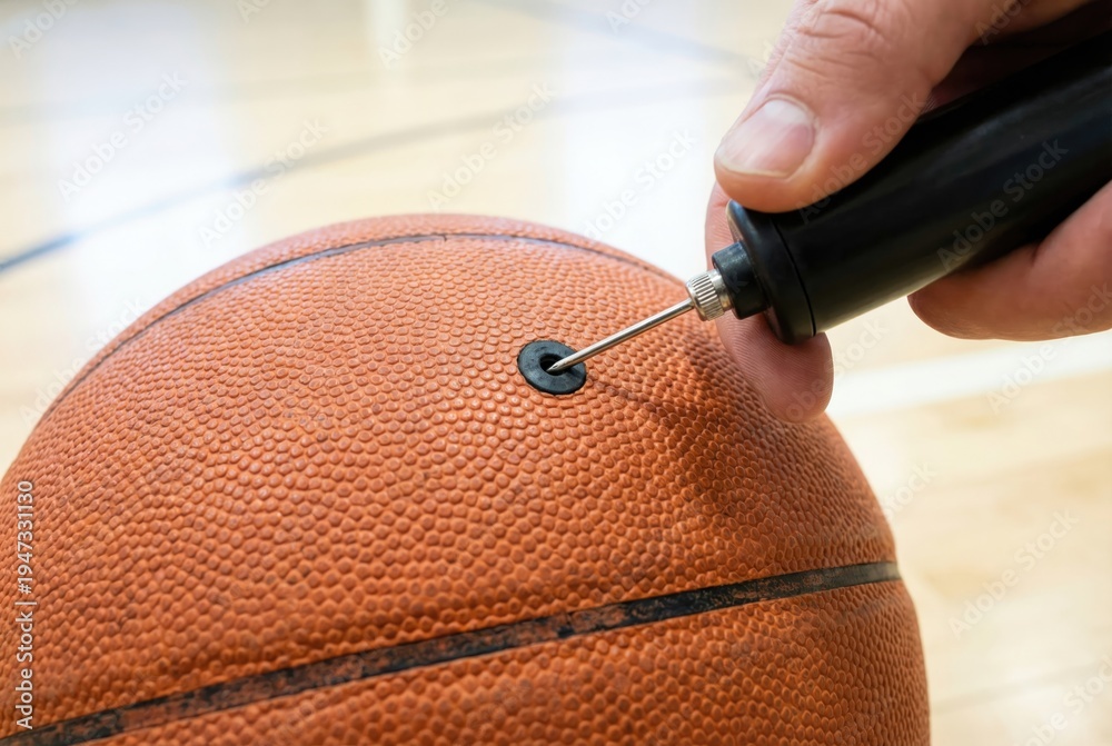 Obraz premium Hand inserting a metal needle from an air pump into a brown basketball