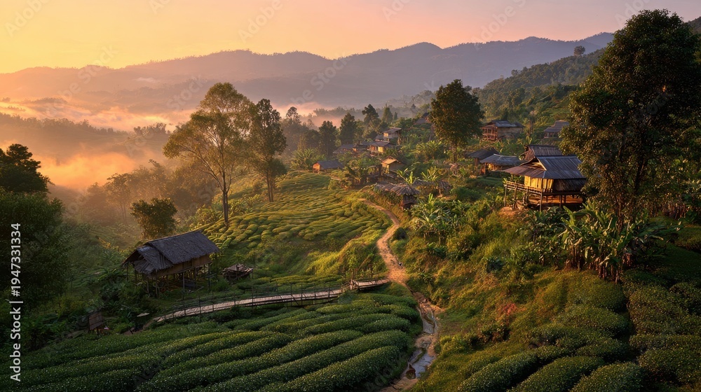 Fototapeta premium Misty dawn over terraced tea fields and hillside village in Ban Rak Thai, Mae Hong Son, Thailand