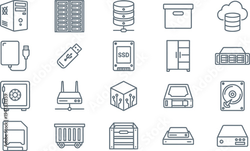 Collection of essential line icons representing various computer hardware and data storage devices.