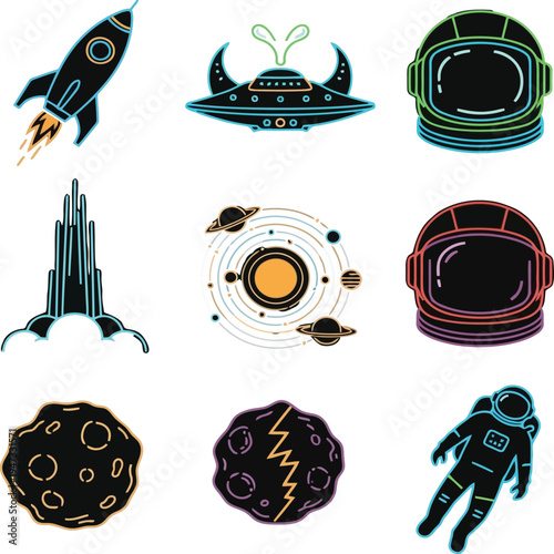 Collection of colorful space icons including rockets, planets, and helmets vector