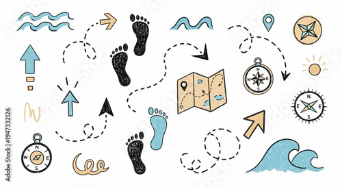 Travel and Adventure Hand Drawn Navigation Icons Set