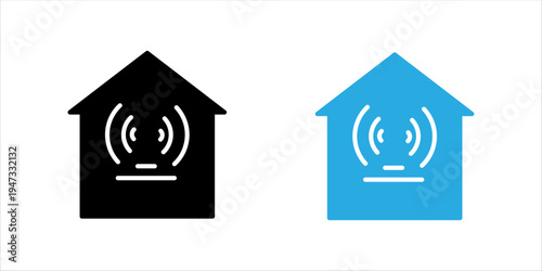 Minimal black outline icon set of a house with wireless signal representing smart home technology. Suitable for concepts of home automation, IoT systems, digital living, and connected home technology.