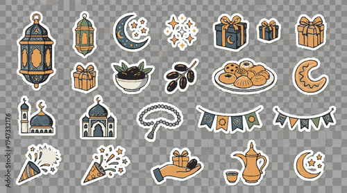 Cute eid sticker pack with polished vector icons including lanterns gifts dates and festive decorations