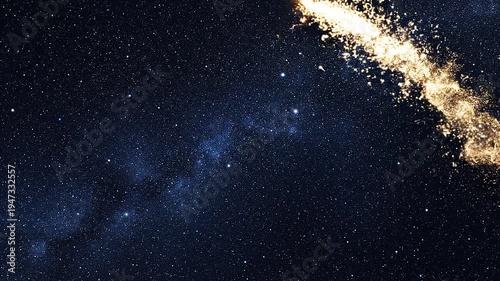 Sparkling Golden Comet Streaking Across Starry Night Sky.