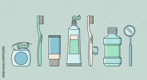 Set of dental hygiene products including floss, toothpaste, toothbrushes, mouthwash, and dental mirror.