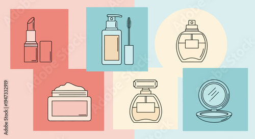 Illustration of various cosmetic and skincare products in pastel color blocks.
