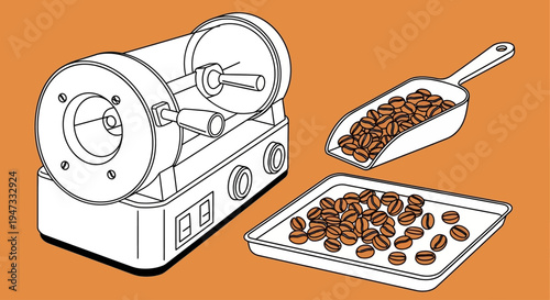 Illustration of coffee roasting machine with roasted coffee beans and scoop.