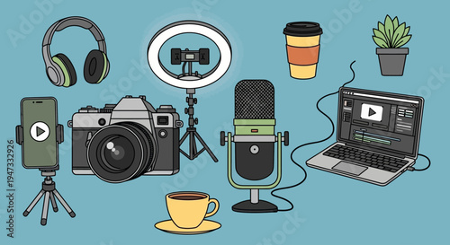 Collection of modern digital content creation tools and accessories.